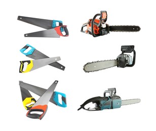 Image of Different hand saws and chainsaws isolated on white, collage