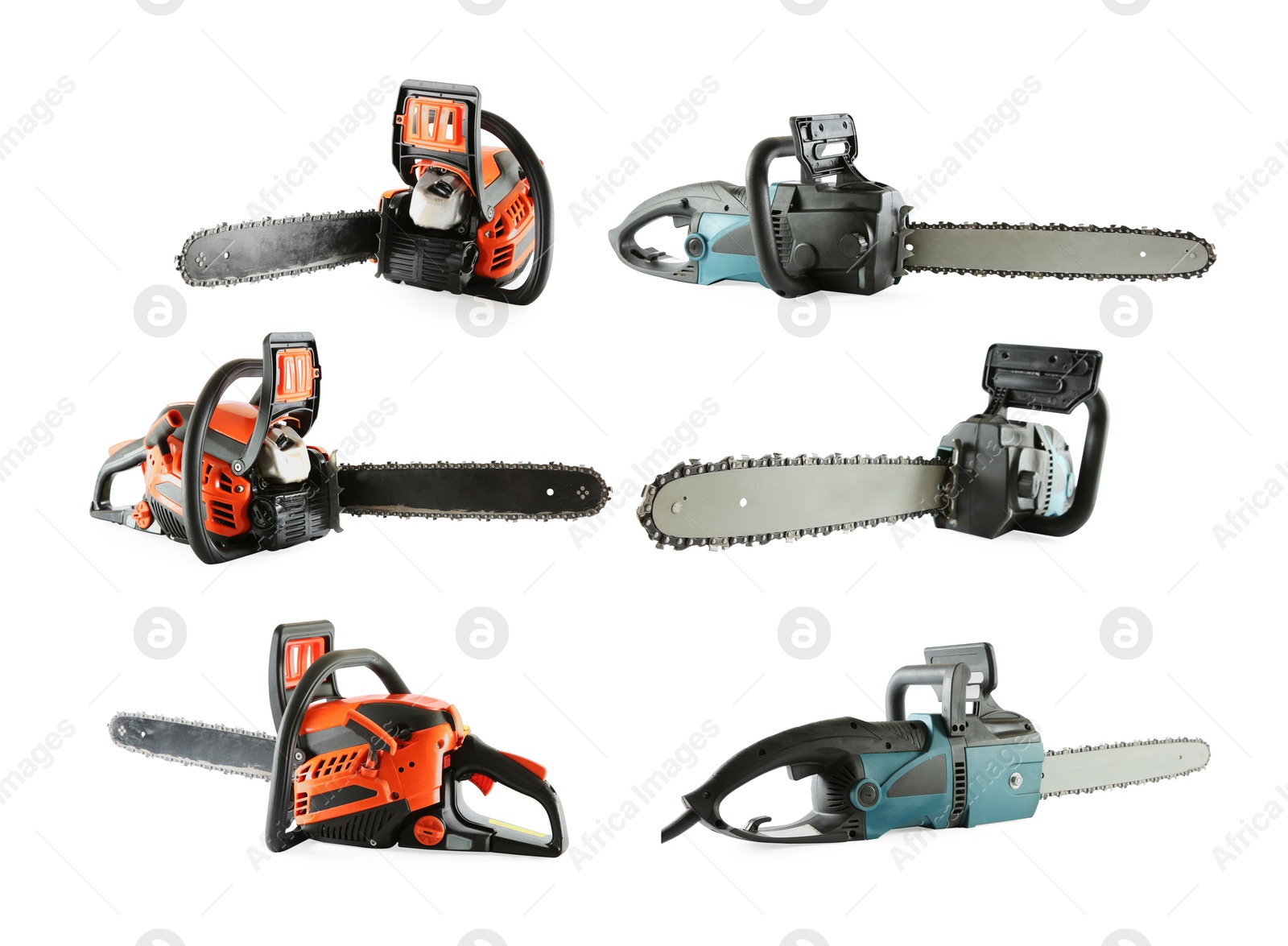 Different chainsaws isolated on white, collage. Cutting tool Image of Different chainsaws isolated on white, collage. Cutting tool