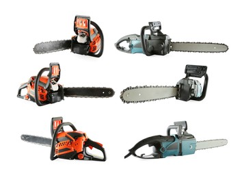 Image of Different chainsaws isolated on white, collage. Cutting tool
