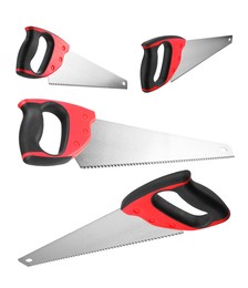 Image of Hand saw isolated on white, collage. Cutting tool