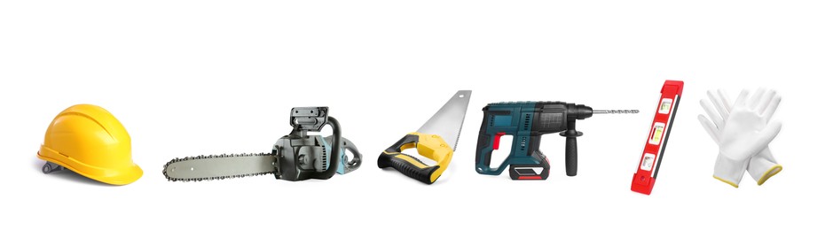 Image of Different types of saws and other equipment on white background, set