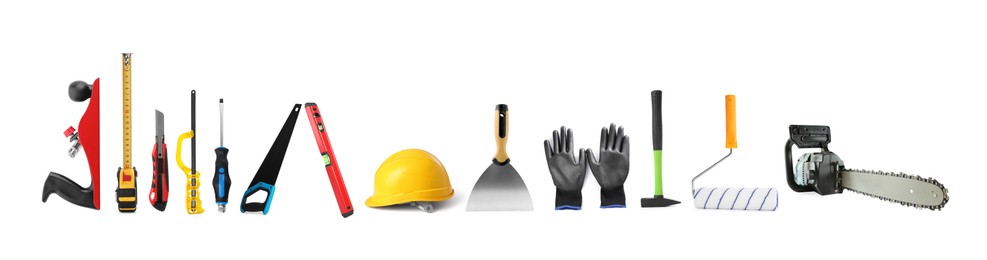 Image of Different types of saws and other equipment on white background, set