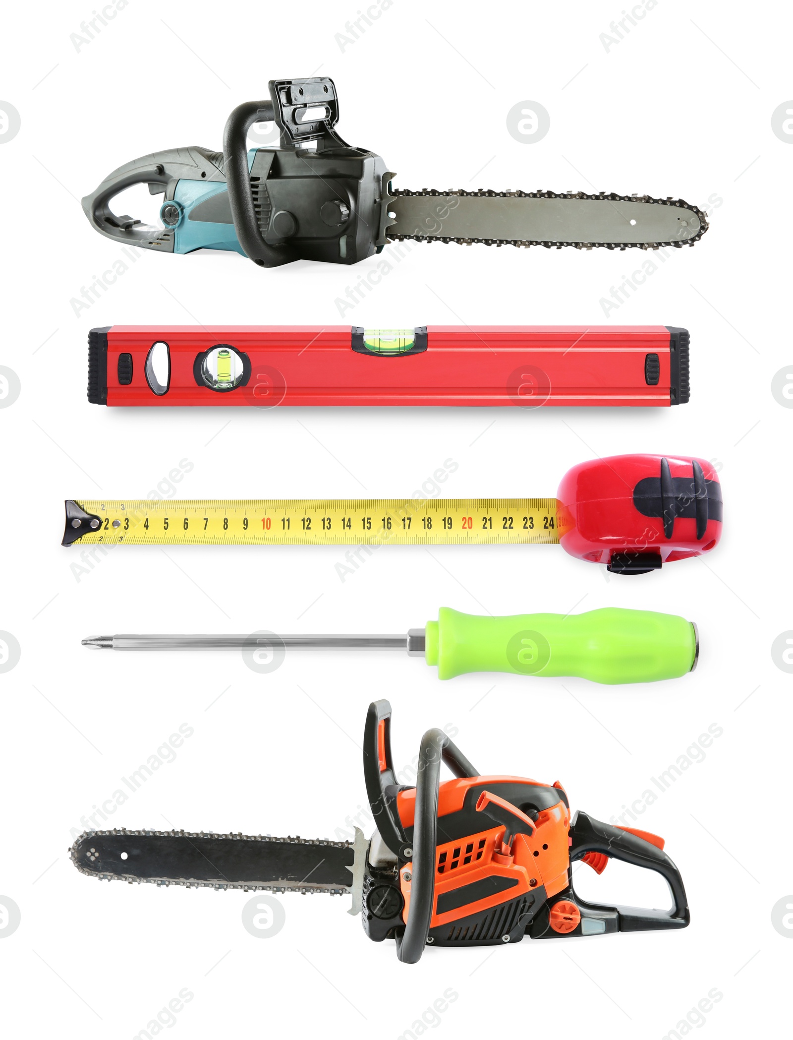Chainsaws and other tools isolated on white, collage Image of Chainsaws and other tools isolated on white, collage