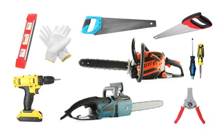 Image of Different types of saws and other equipment on white background, set