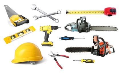 Image of Different types of saws and other equipment on white background, set
