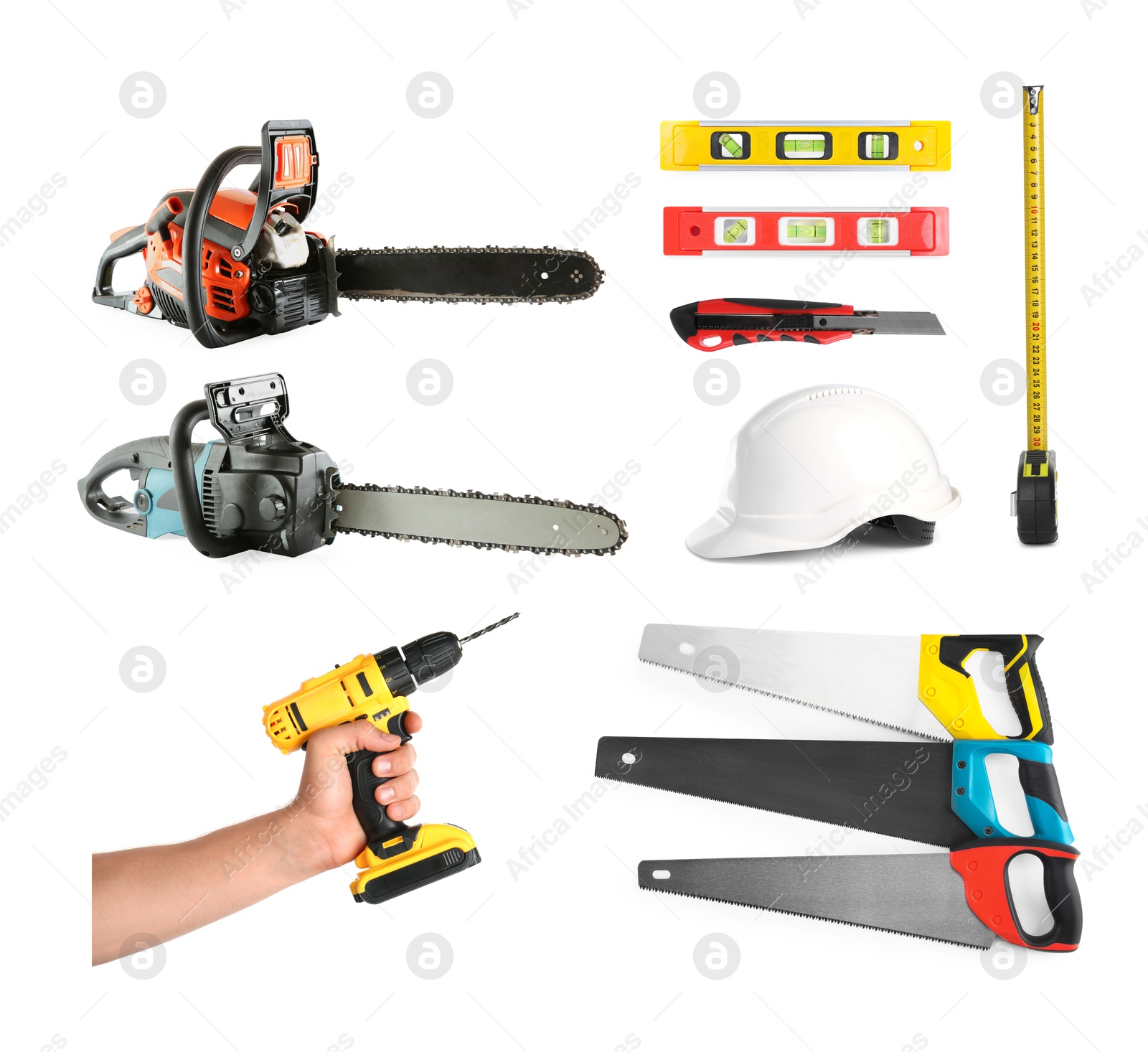 Different types of saws and other equipment on white background, set Image of Different types of saws and other equipment on white background, set