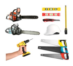 Image of Different types of saws and other equipment on white background, set
