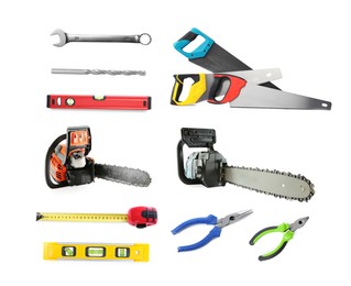 Image of Different types of saws and other equipment on white background, set