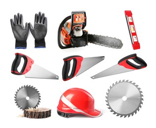 Image of Different types of saws and other equipment on white background, set