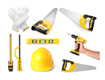 Image of Hand saws and other equipment on white background, set
