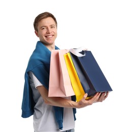 Photo of Cheerful man with shopping bags on white background