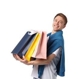 Photo of Cheerful man with shopping bags on white background