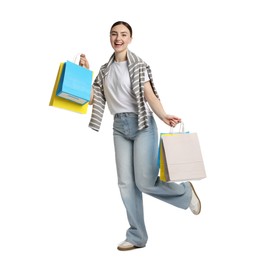 Photo of Positive woman with shopping bags on white background