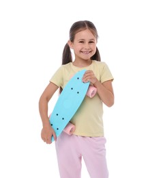 Photo of Little girl with penny board on white background