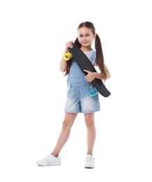 Photo of Little girl with penny board on white background
