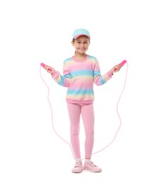 Photo of Little girl with skipping rope on white background