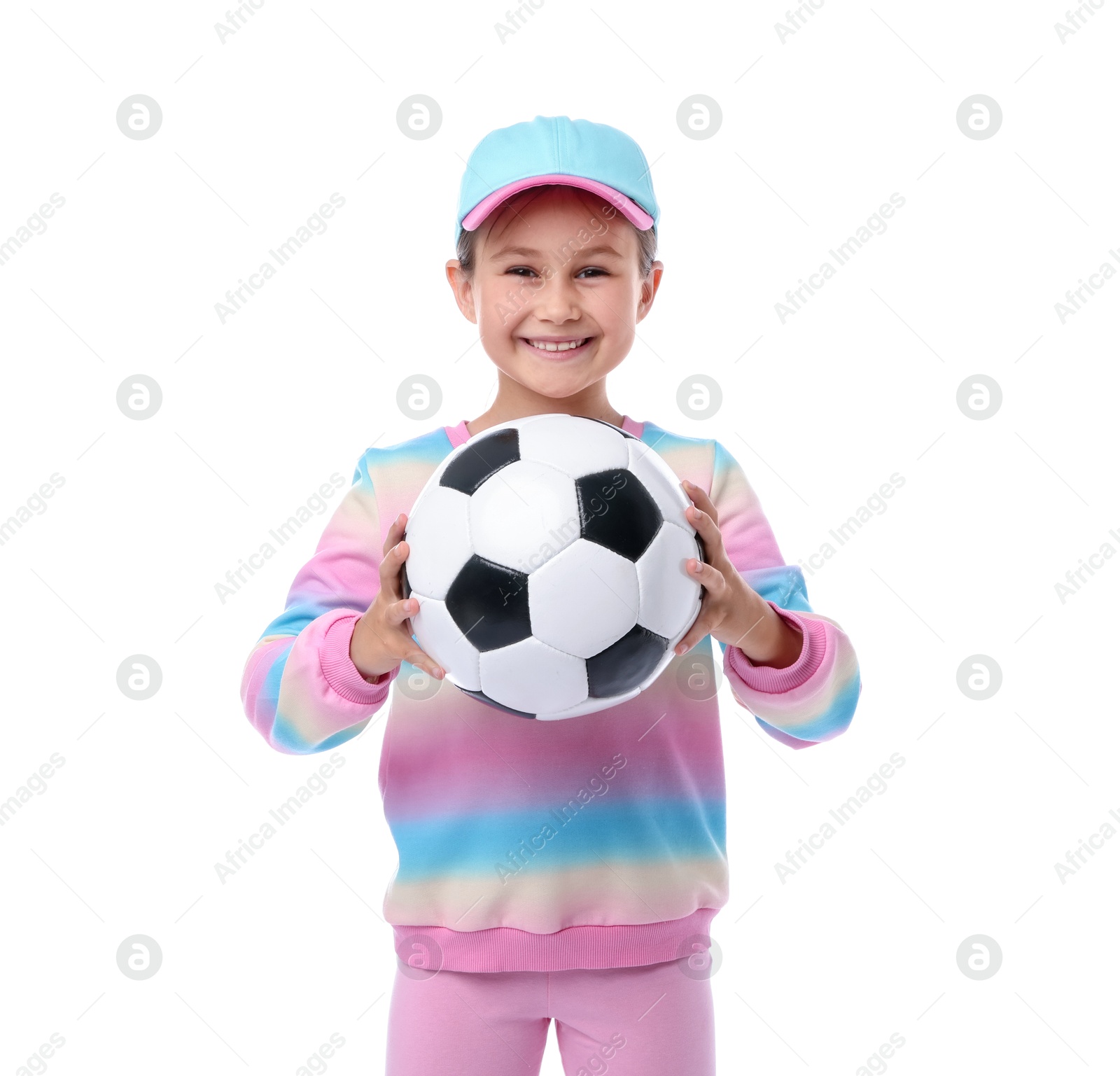 Little girl with soccer ball on white background Photo of Little girl with soccer ball on white background