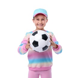 Photo of Little girl with soccer ball on white background