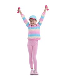 Photo of Little girl with dumbbells on white background