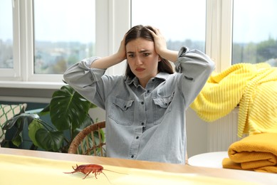 Image of Emotional young woman looking in disgust at cockroach on table indoors