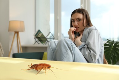 Image of Emotional young woman frightened by cockroach on table at home