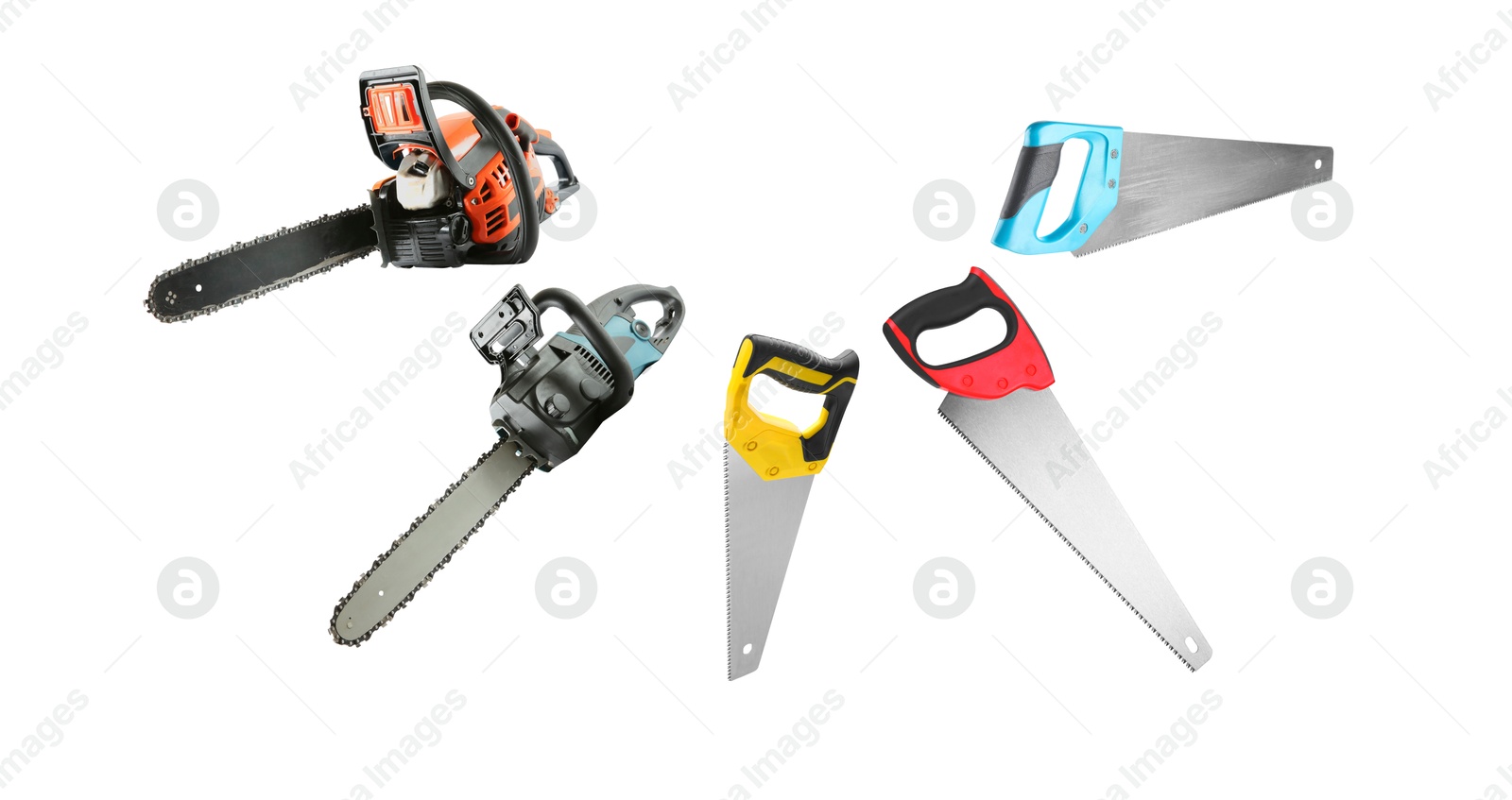 Different hand saws and chainsaws isolated on white, collage Image of Different hand saws and chainsaws isolated on white, collage