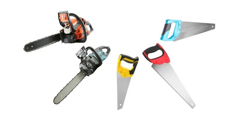 Image of Different hand saws and chainsaws isolated on white, collage