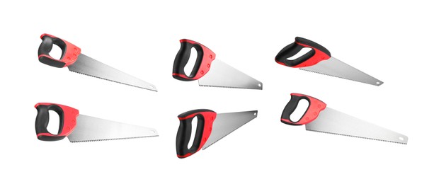 Image of Hand saw isolated on white, collage. Cutting tool