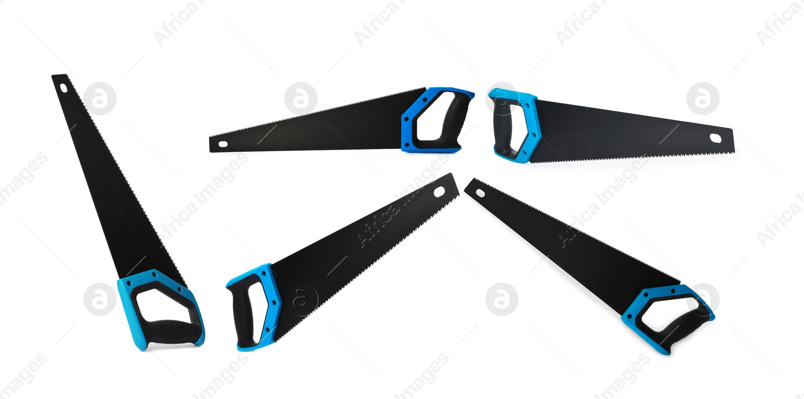 Image of Hand saw isolated on white, collage. Cutting tool