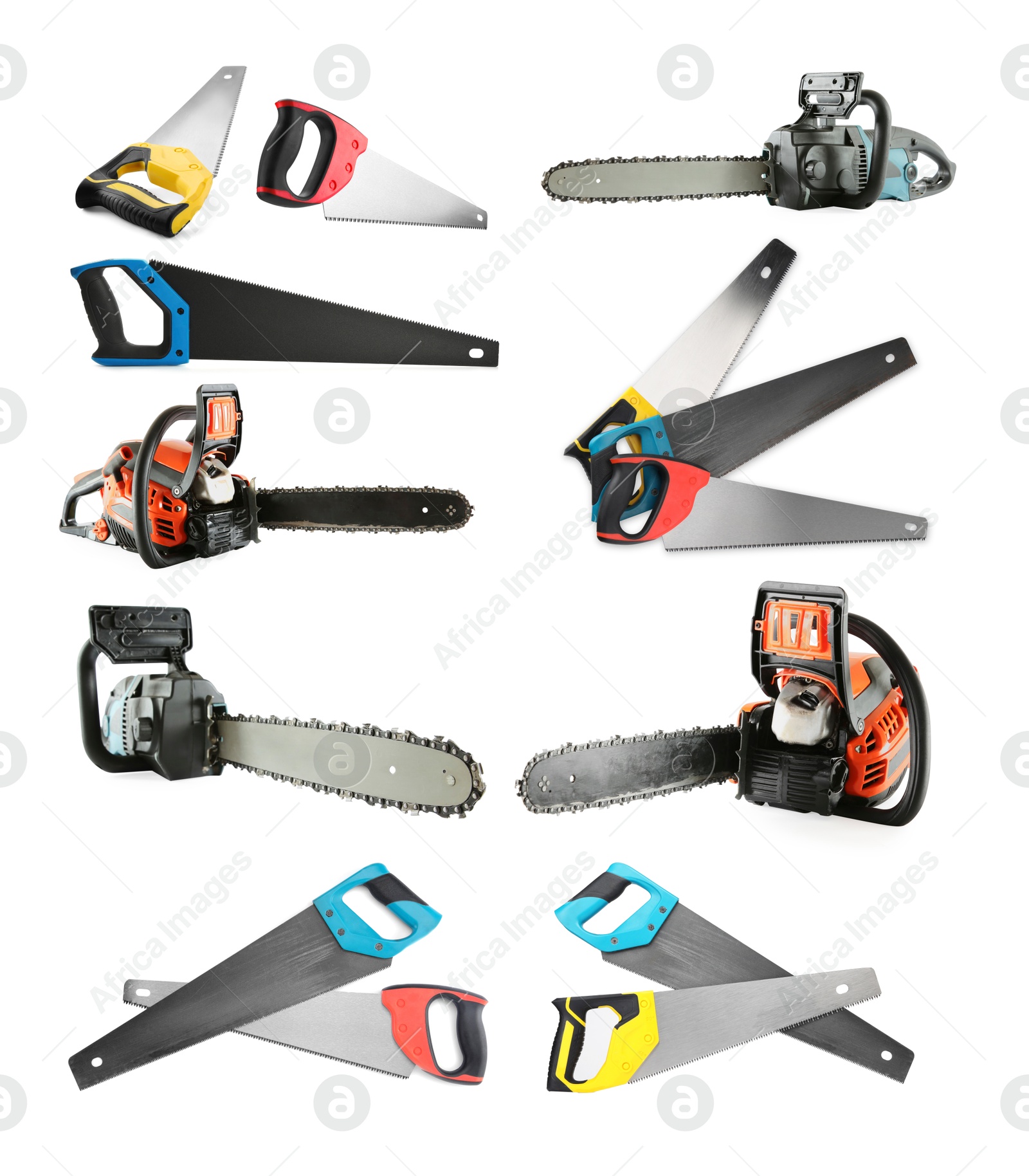 Different hand saws and chainsaws isolated on white, collage Image of Different hand saws and chainsaws isolated on white, collage