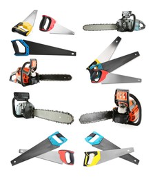 Image of Different hand saws and chainsaws isolated on white, collage