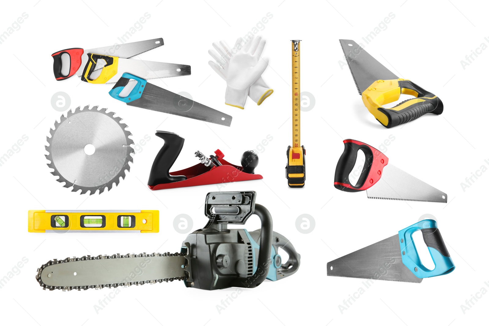 Different types of saws and other equipment on white background, set Image of Different types of saws and other equipment on white background, set