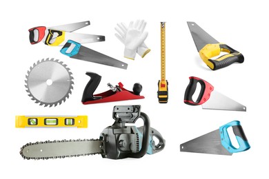 Image of Different types of saws and other equipment on white background, set