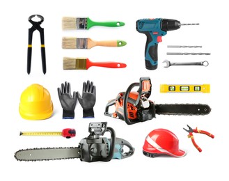 Image of Chainsaws and other equipment on white background, set