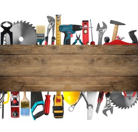 Image of Saws and other equipment sticking out of wooden board on white background, set