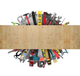 Image of Saws and other equipment sticking out of wooden board on white background, set