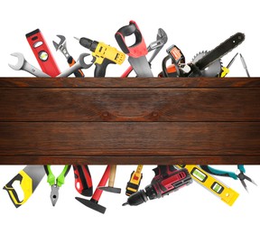Image of Saws and other equipment sticking out of wooden board on white background, set