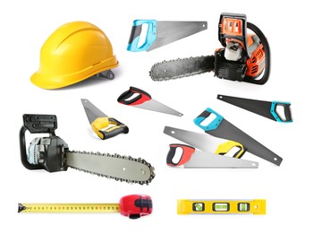 Image of Different types of saws and other equipment on white background, set