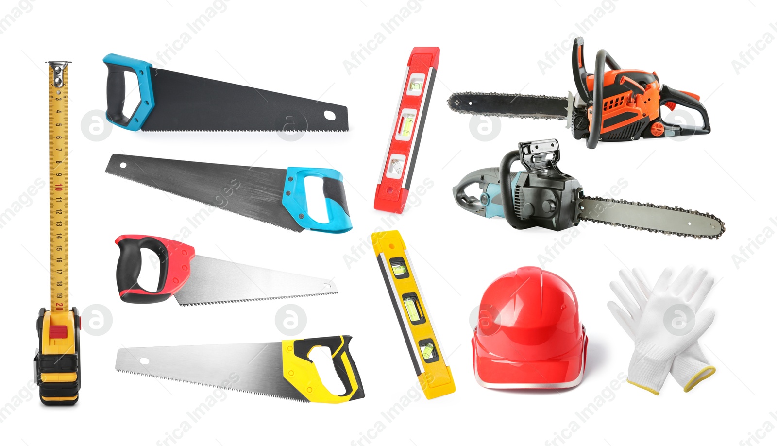 Different types of saws and other equipment on white background, set Image of Different types of saws and other equipment on white background, set