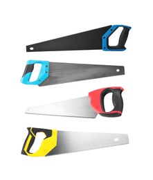 Image of Different hand saws isolated on white, collage