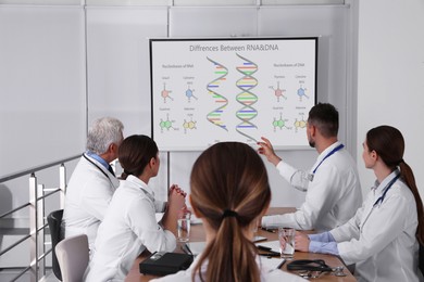 Image of Team of doctors using video projector during conference about DNA indoors. Illustrations on projection screen