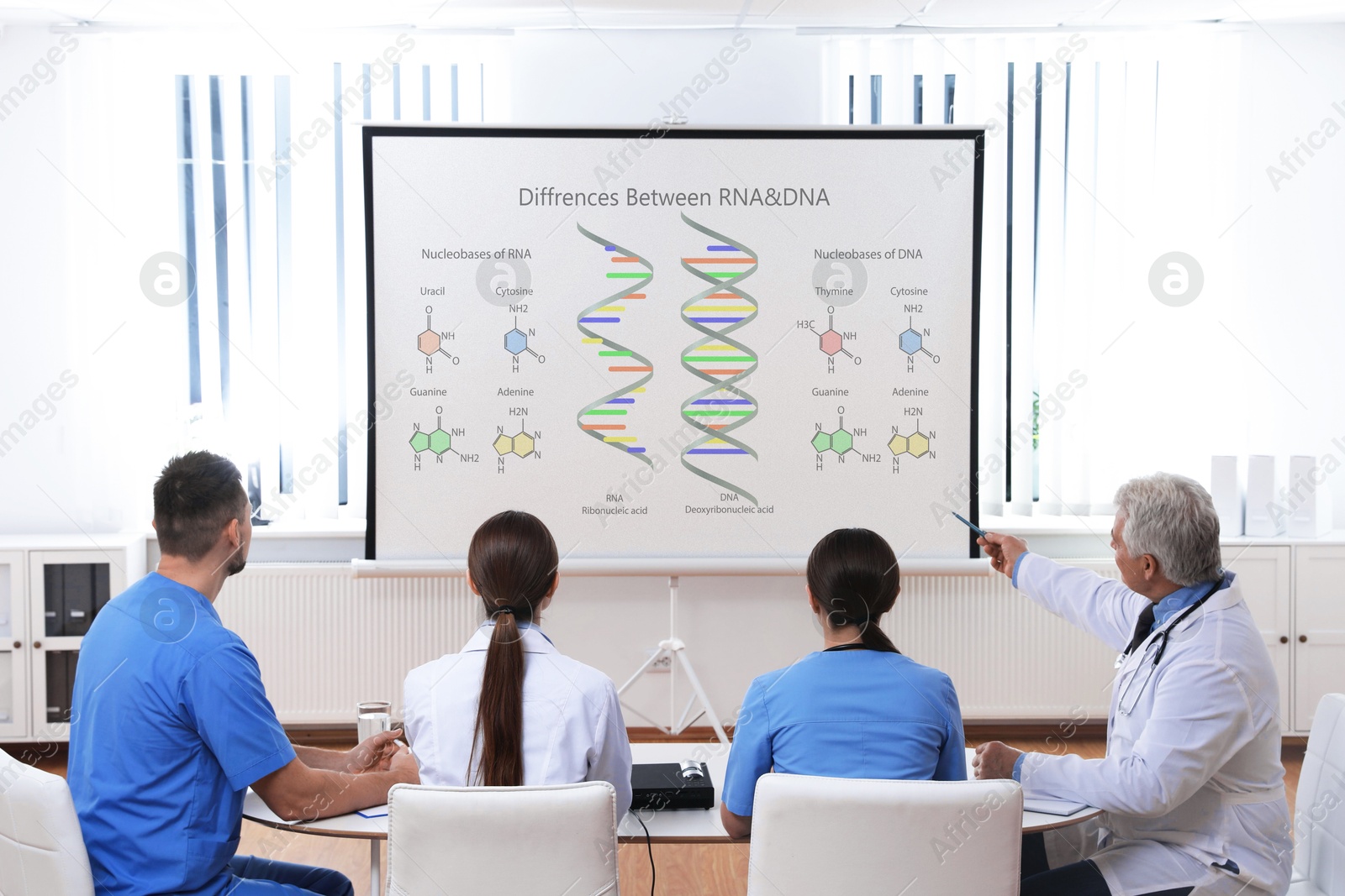 Team of doctors using video projector during conference about DNA indoors. Illustrations on projection screen Image of Team of doctors using video projector during conference about DNA indoors. Illustrations on projection screen