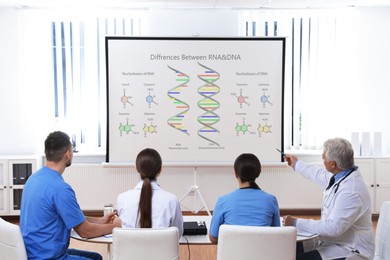 Image of Team of doctors using video projector during conference about DNA indoors. Illustrations on projection screen