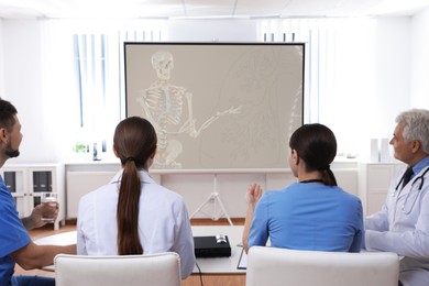Image of Team of doctors using video projector during conference indoors. Human skeleton model on projection screen
