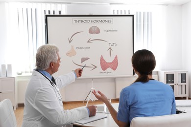 Image of Doctors using video projector during conference about thyroid hormones indoors. Illustrations on projection screen