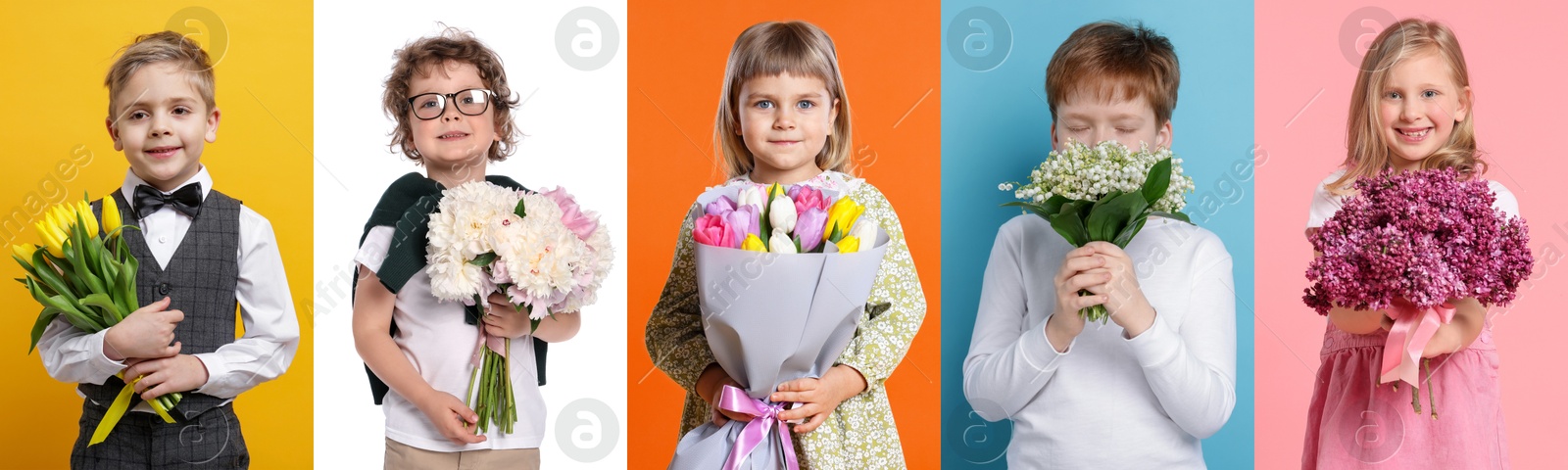 Cute children with bouquets of flowers on different color backgrounds. Collage of photos Image of Cute children with bouquets of flowers on different color backgrounds. Collage of photos