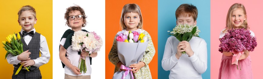 Image of Cute children with bouquets of flowers on different color backgrounds. Collage of photos