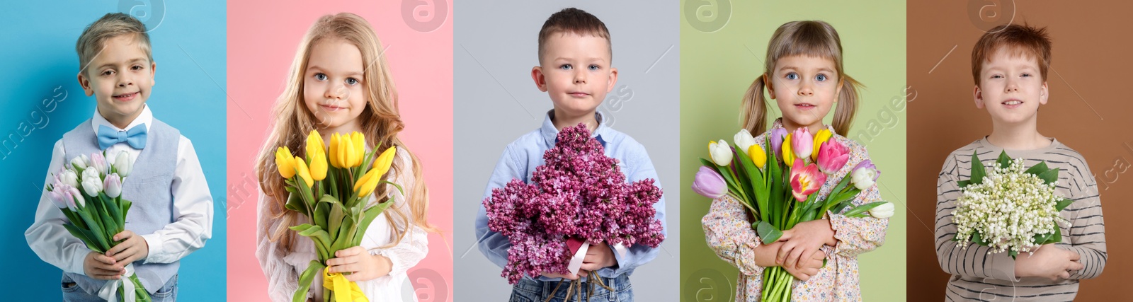 Cute children with bouquets of flowers on different color backgrounds. Collage of photos Image of Cute children with bouquets of flowers on different color backgrounds. Collage of photos