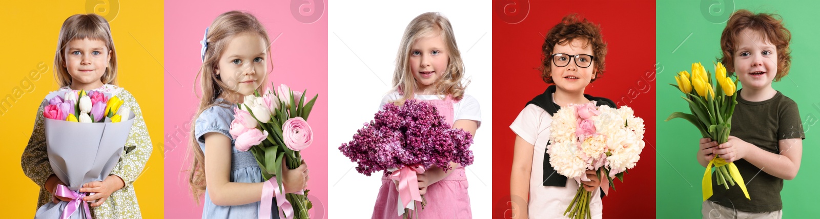 Cute children with bouquets of flowers on different color backgrounds. Collage of photos Image of Cute children with bouquets of flowers on different color backgrounds. Collage of photos