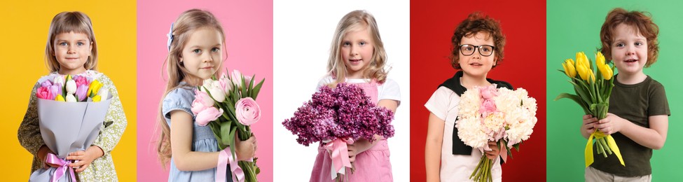 Image of Cute children with bouquets of flowers on different color backgrounds. Collage of photos